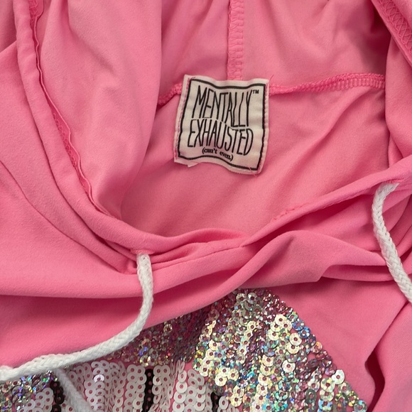 Mentally Exhausted Pink Hoodie with Sparkly Sequin Lips - Picture 4 of 5